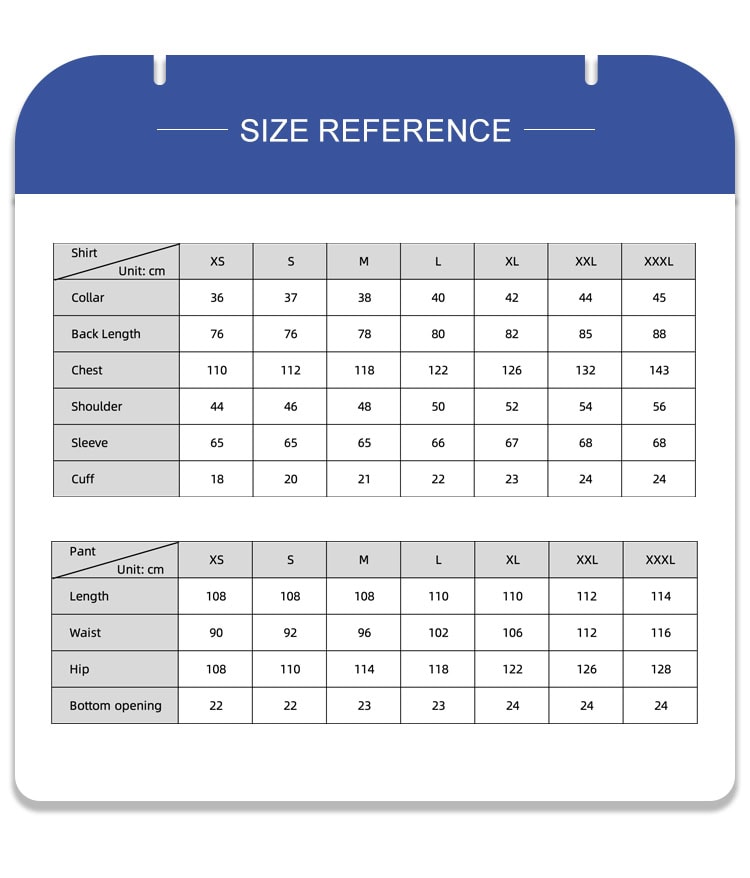 Full size reference chart with measurements for the custom blue camo combat uniform shirt and trousers.
