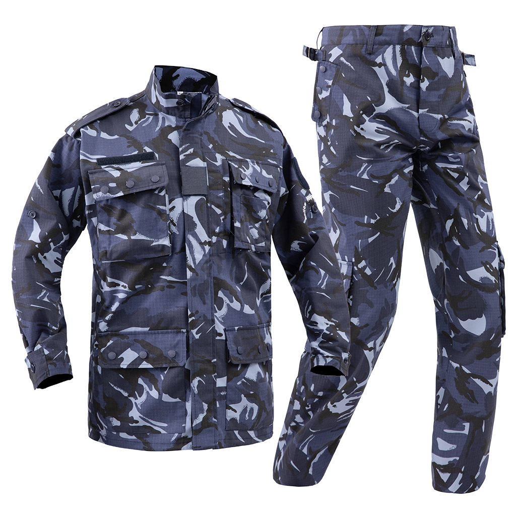 Front view of the complete custom blue camo combat uniform set, featuring the tactical jacket and trousers.