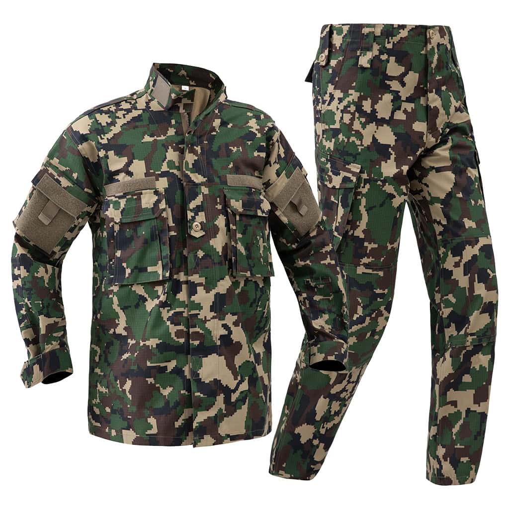 Front view of the complete custom jungle digital combat uniform, featuring the ACU-style tactical jacket and trousers.