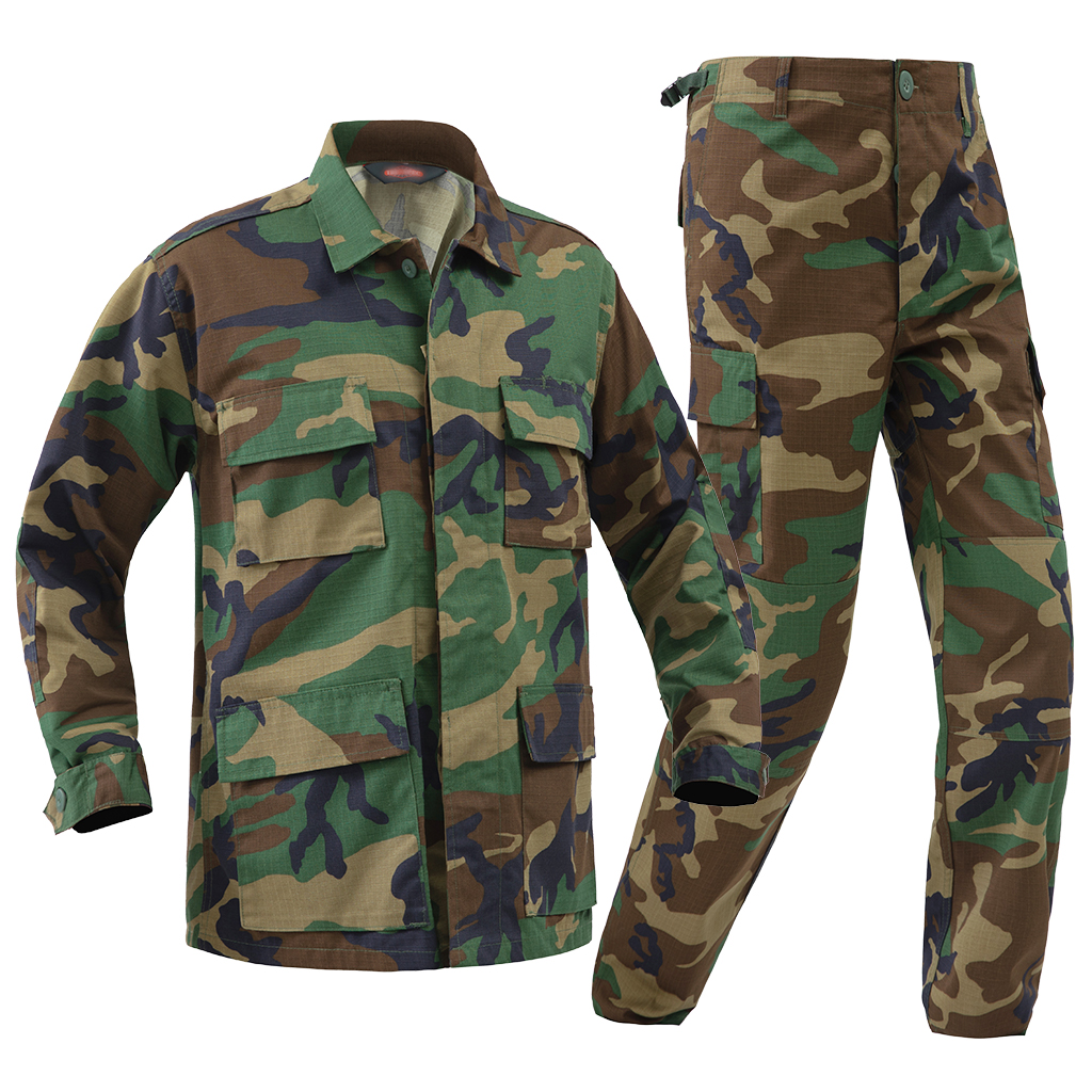 Front view of the complete custom woodland camo BDU uniform set, including the four-pocket jacket and matching trousers.