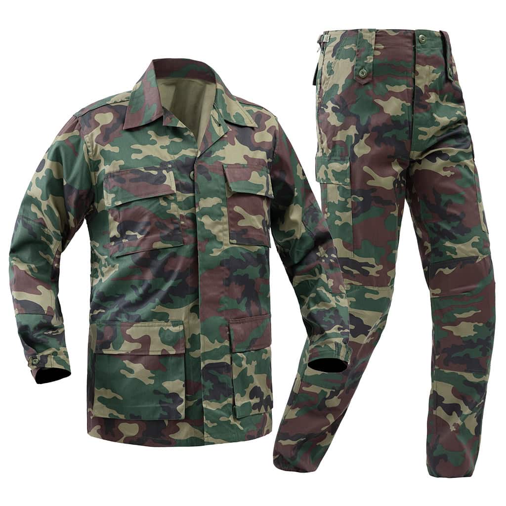 Front view of the complete custom jungle camo BDU uniform, featuring the classic four-pocket combat jacket and trousers.