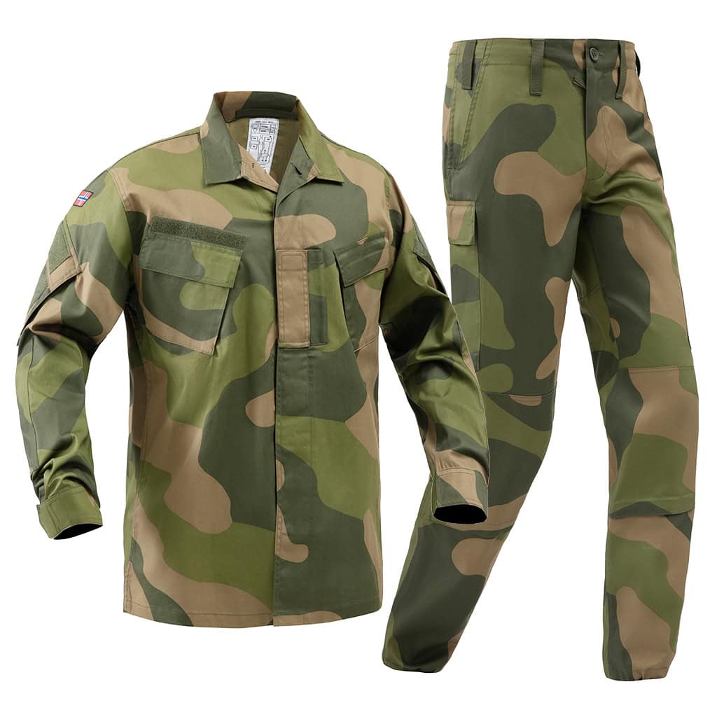 Front view of the complete custom Norwegian M09 camo uniform, featuring the tactical combat jacket and trousers.