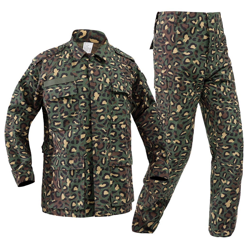 Front view of the custom leopard camo military BDU uniform, including the classic four-pocket jacket and trousers.