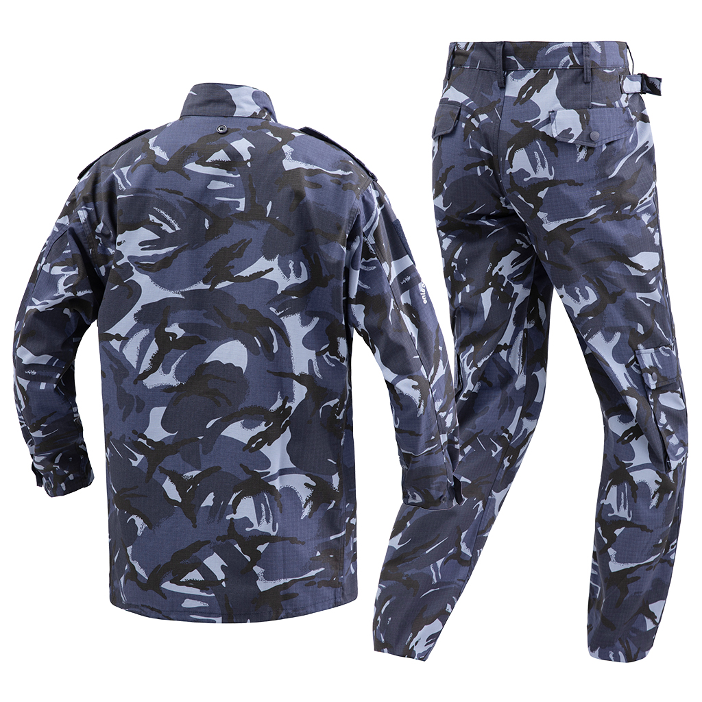 Back view of the custom blue camo combat uniform, showing the construction of the jacket and reinforced trousers.