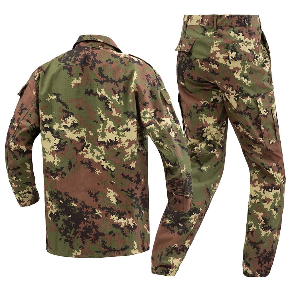 Back view of the custom Italian vegetato combat uniform, showcasing the jacket's construction and reinforced trouser seat.
