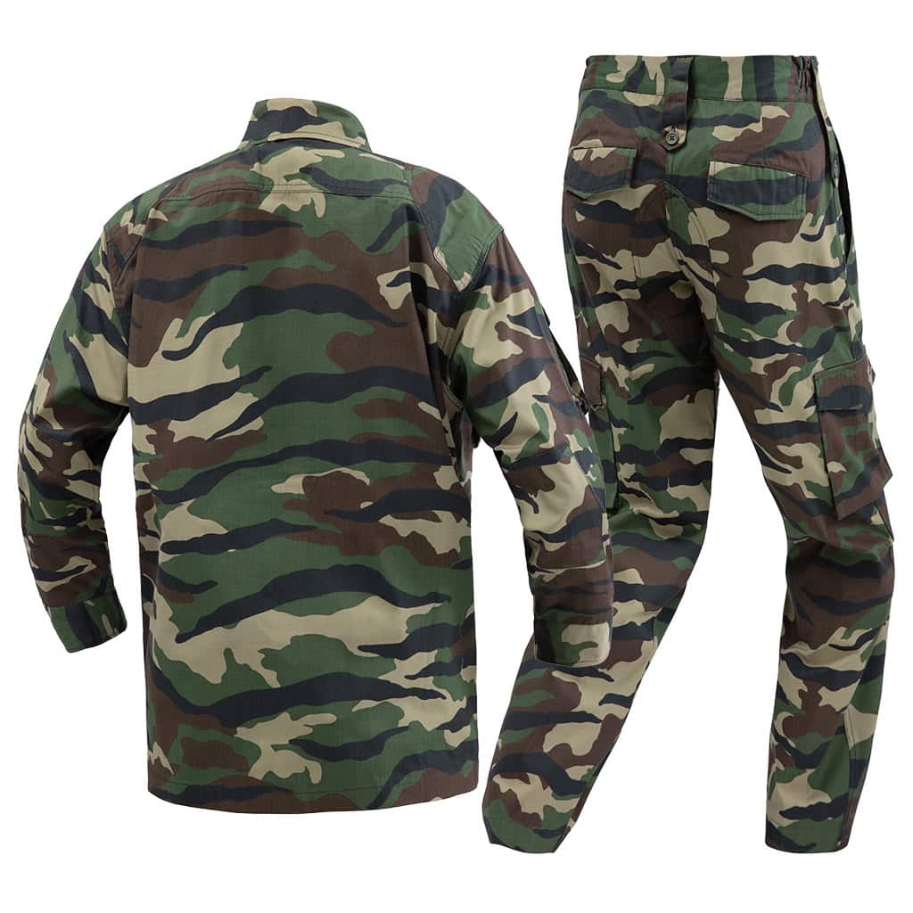 Back view of the custom woodland camo combat uniform, showing the jacket's construction and reinforced trouser seat.