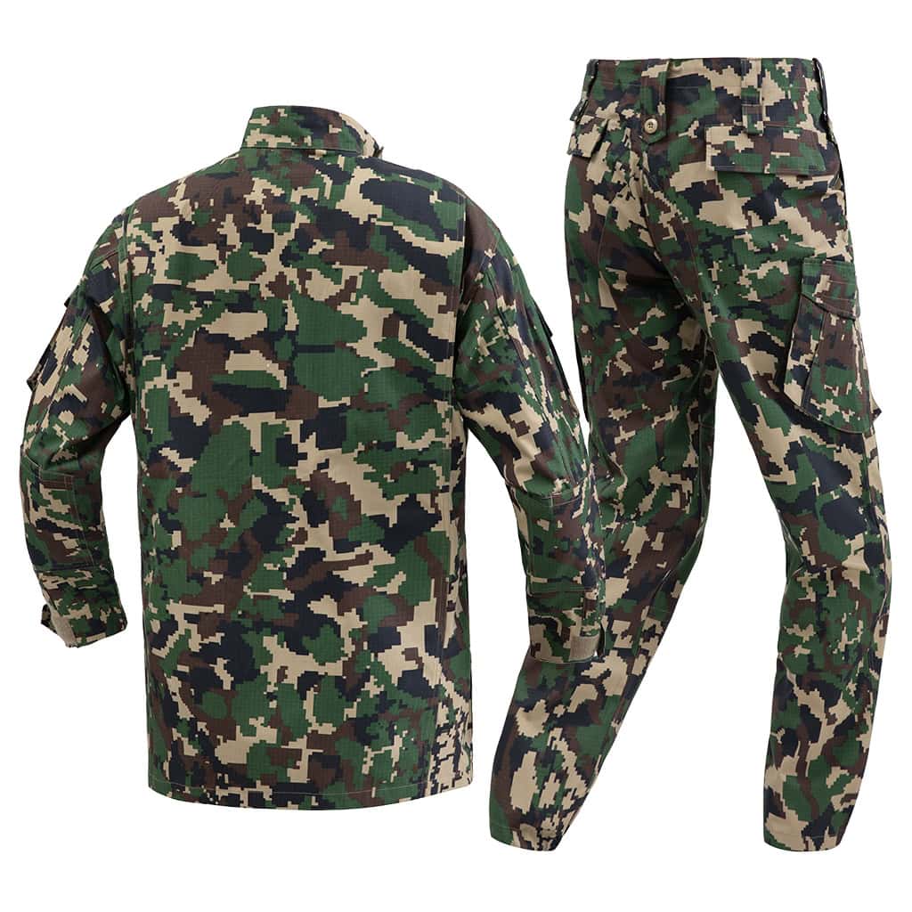 Back view of the custom jungle digital combat uniform, showing the jacket's construction and reinforced trouser seat.