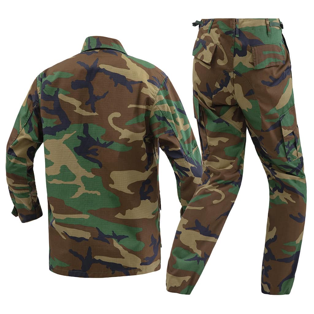 Back view of the custom woodland camo BDU uniform, showing the jacket construction and reinforced trouser seat.