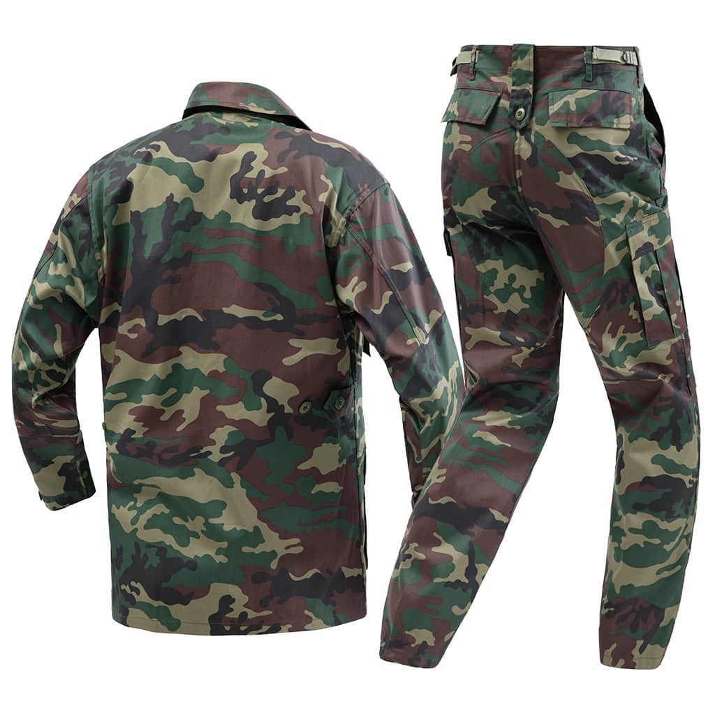 Back view of the custom jungle camo BDU uniform, showing the jacket construction and reinforced seat of the trousers.