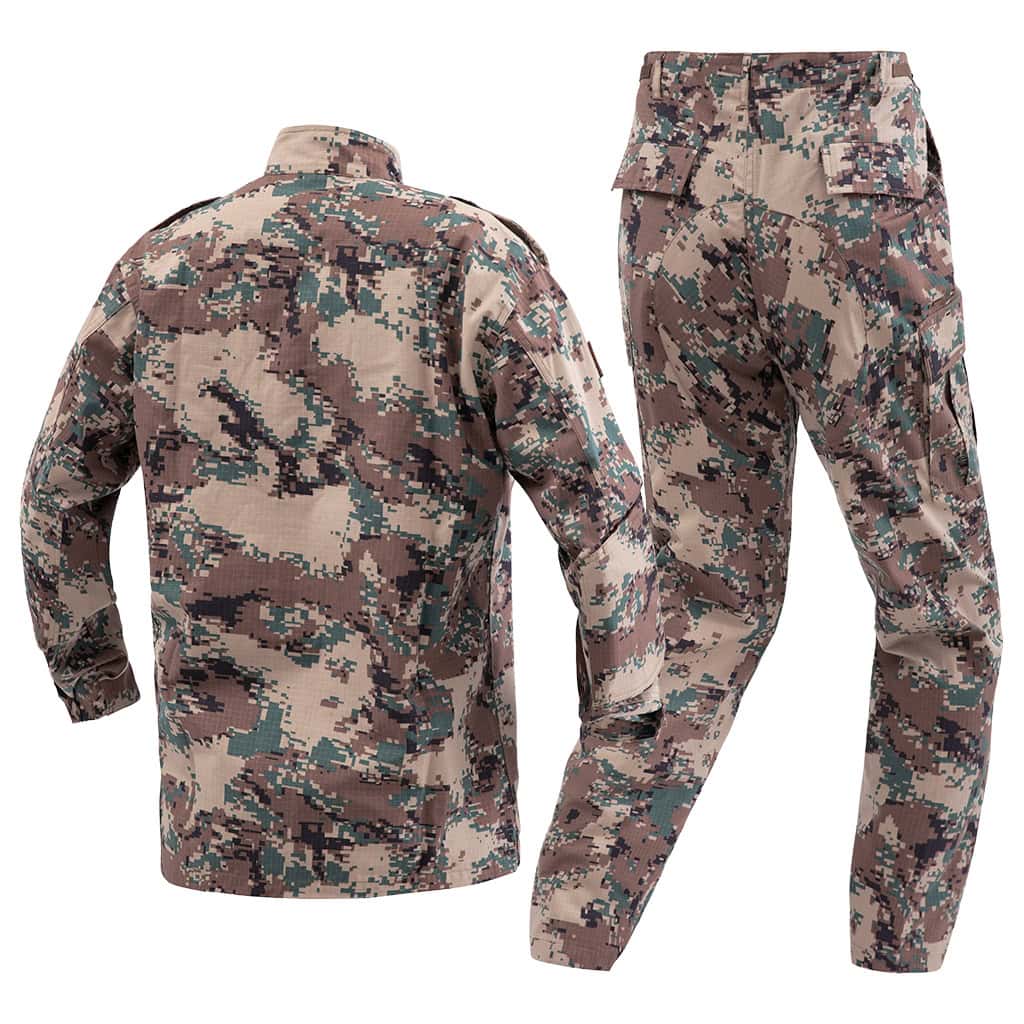 Back view of the custom Jordanian digital camo combat uniform, showing the jacket's construction and reinforced trousers.