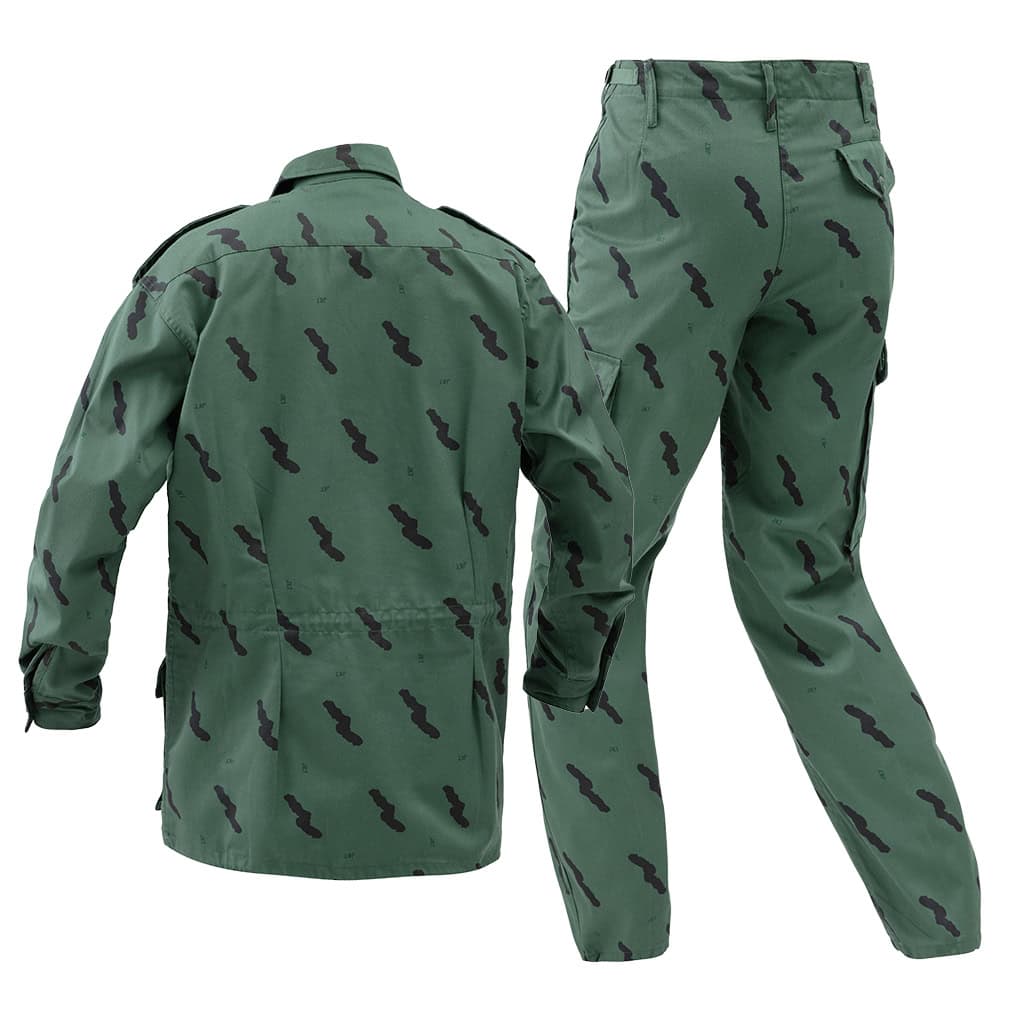 Back view of the custom Tanzanian green camo uniform, showcasing the construction of the jacket and trousers.