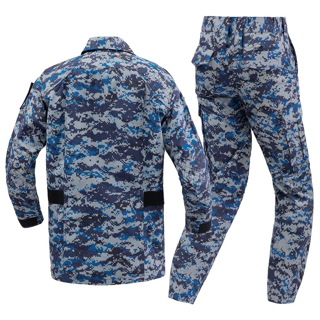 Back view of the custom Malaysian blue digital camo uniform, showing the jacket's construction and trouser details.