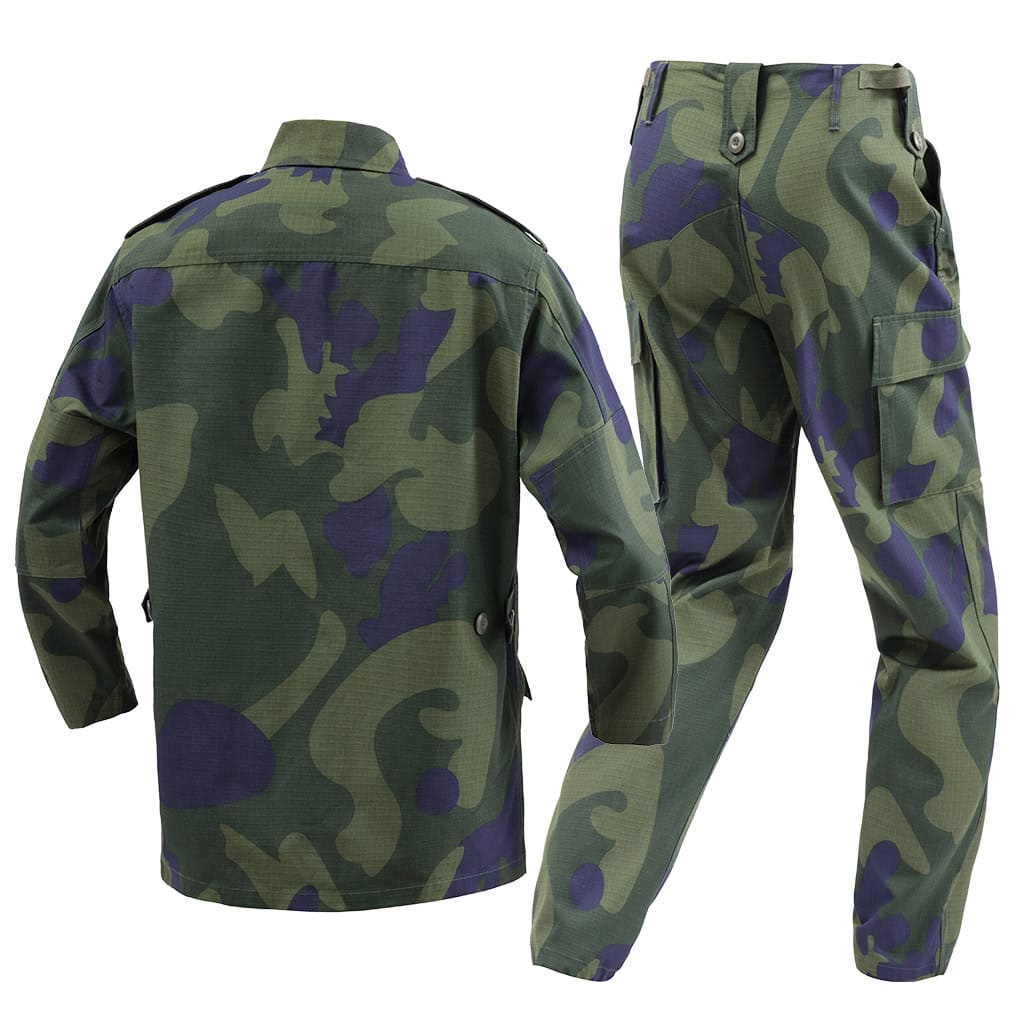 Back view of the custom DRC green camo uniform, showing the jacket's construction and reinforced trouser seat.