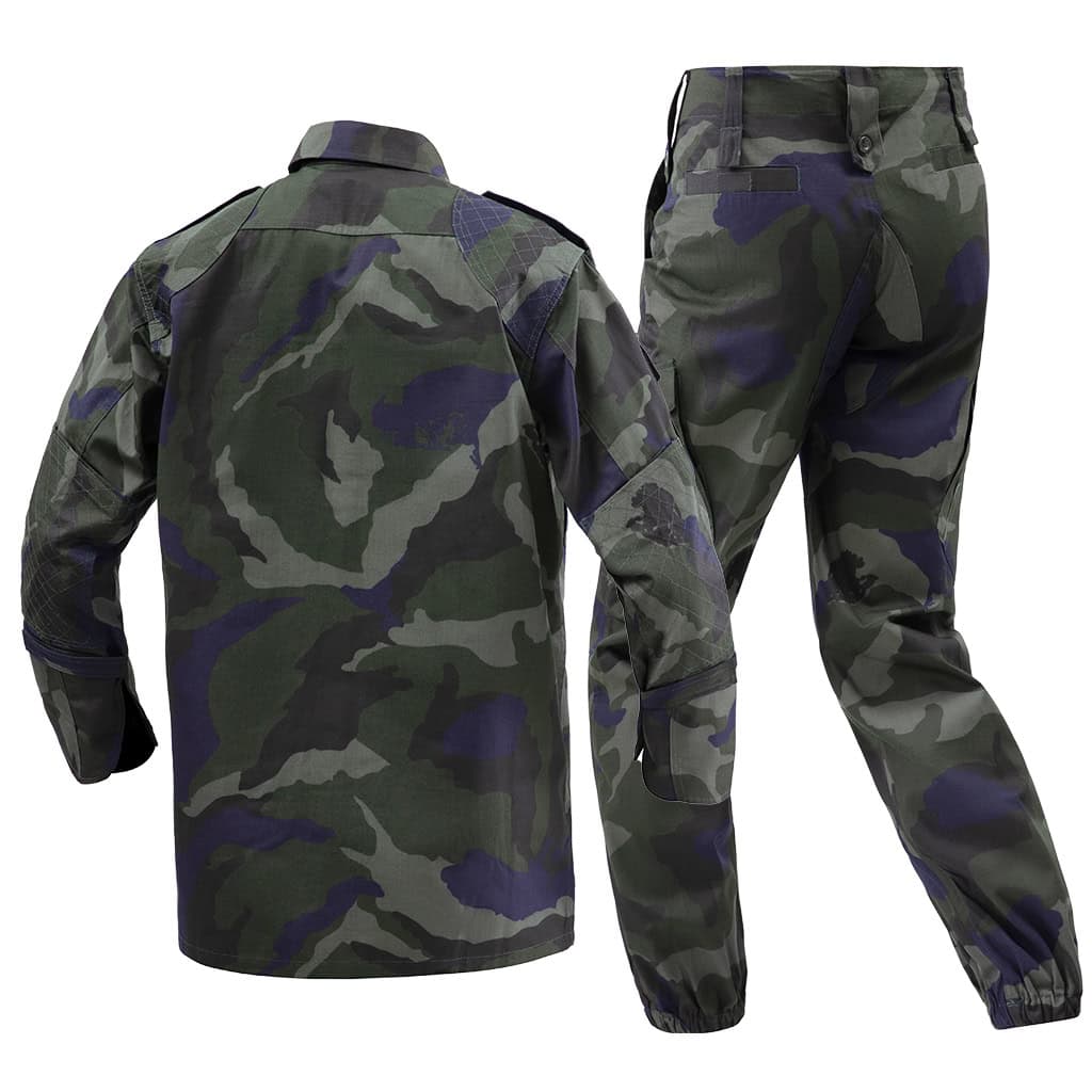 Back view of the custom Malaysian camo security uniform, showing the jacket's construction and reinforced trouser seat.