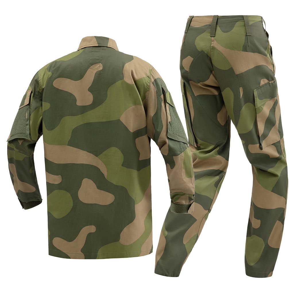 Back view of the custom Norwegian M09 camo uniform, showing the jacket's construction and reinforced trouser seat.