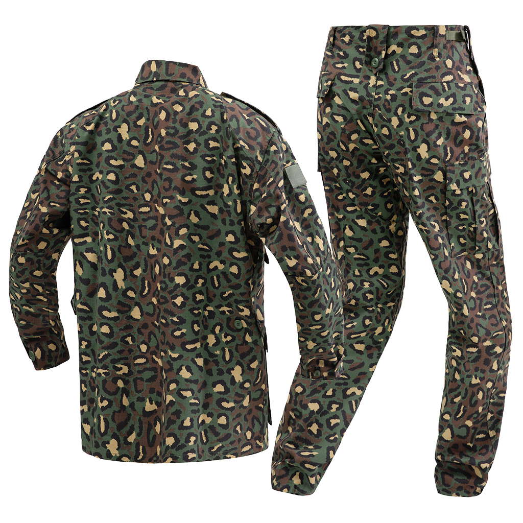 Back view of the custom leopard camo military BDU uniform, showing the reinforced seat on the trousers.