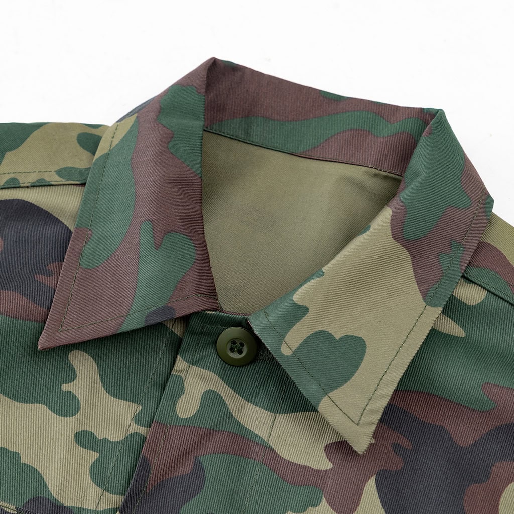 Close-up detail of the traditional buttoned collar on the custom jungle camo BDU uniform jacket.