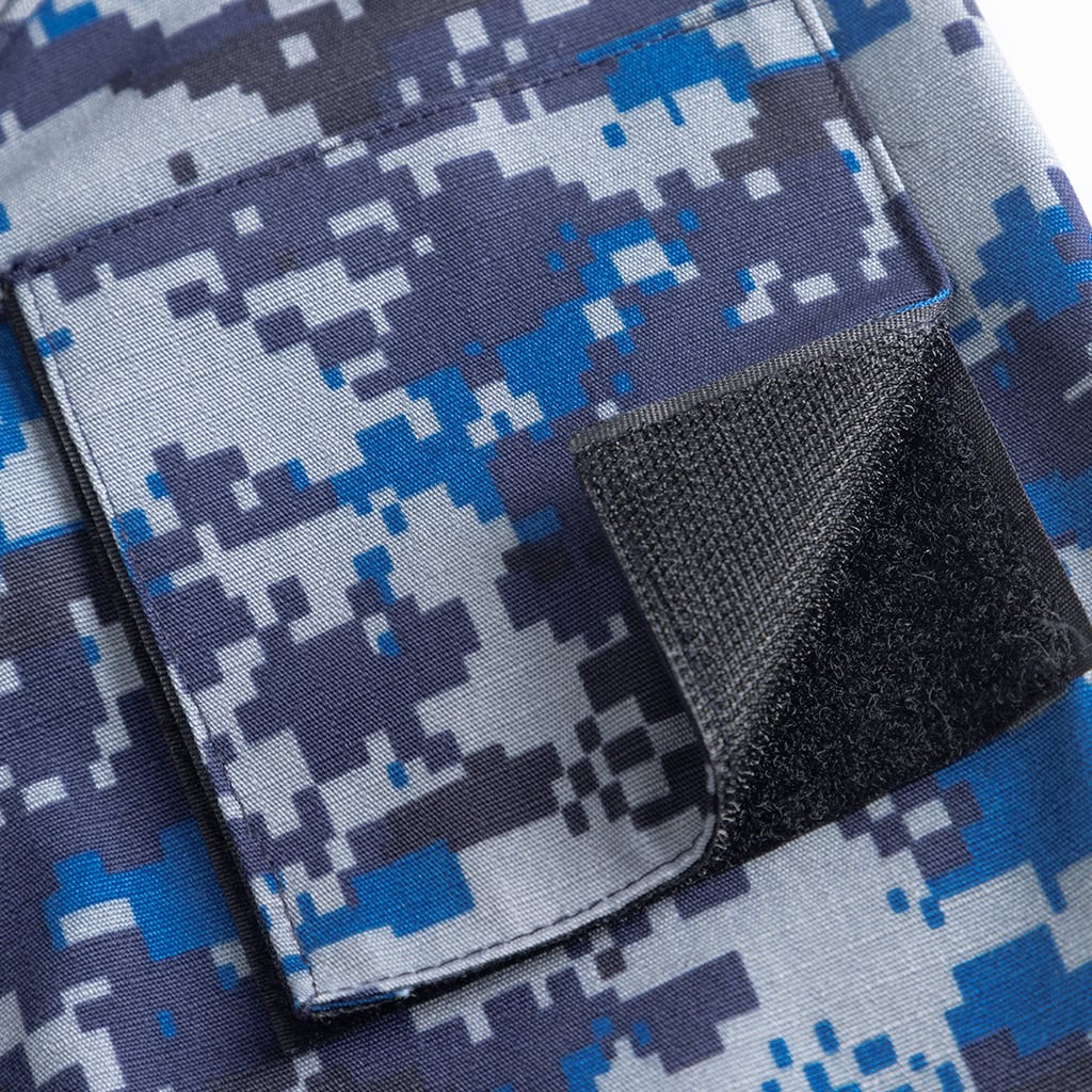Close-up of the adjustable velcro cuff on the sleeve of the custom Malaysian blue digital camo uniform.