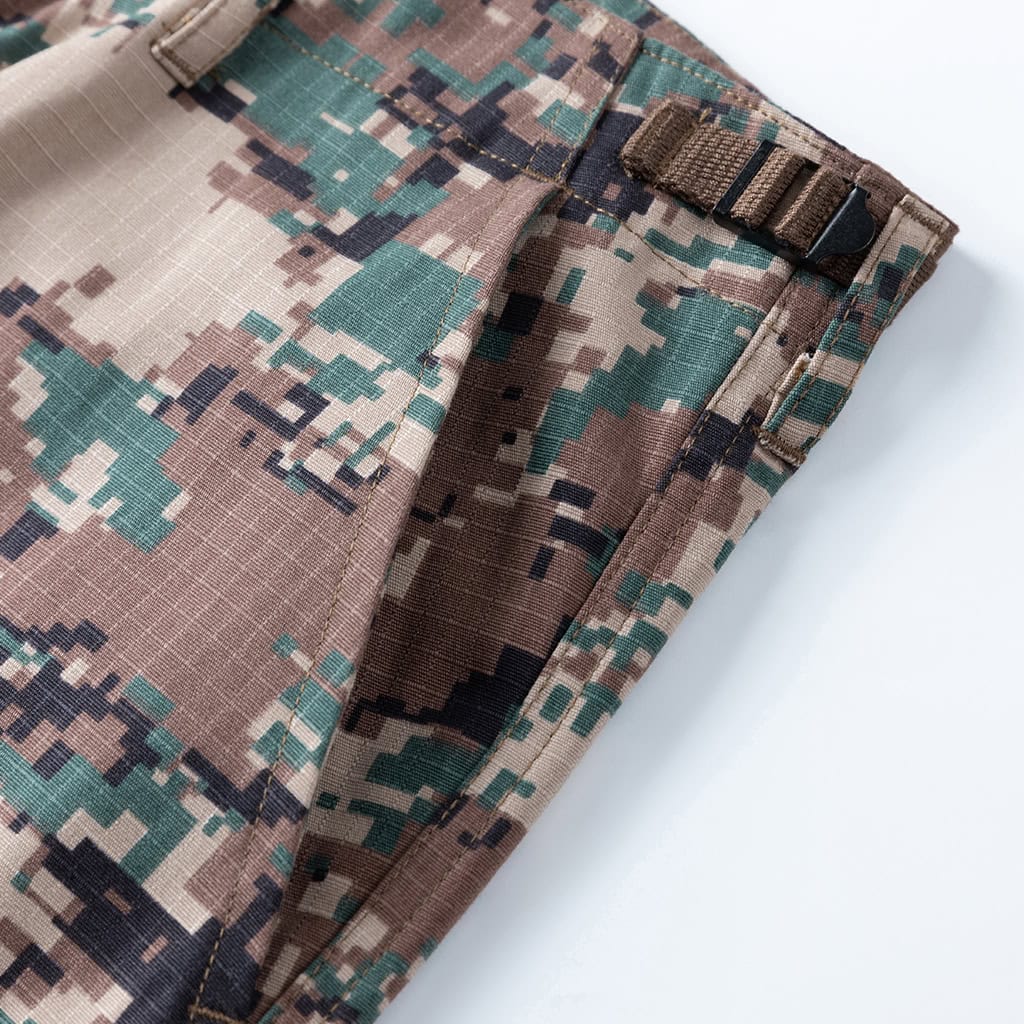 Detail of the adjustable side strap on the waist of the custom Jordanian digital camo combat trousers.