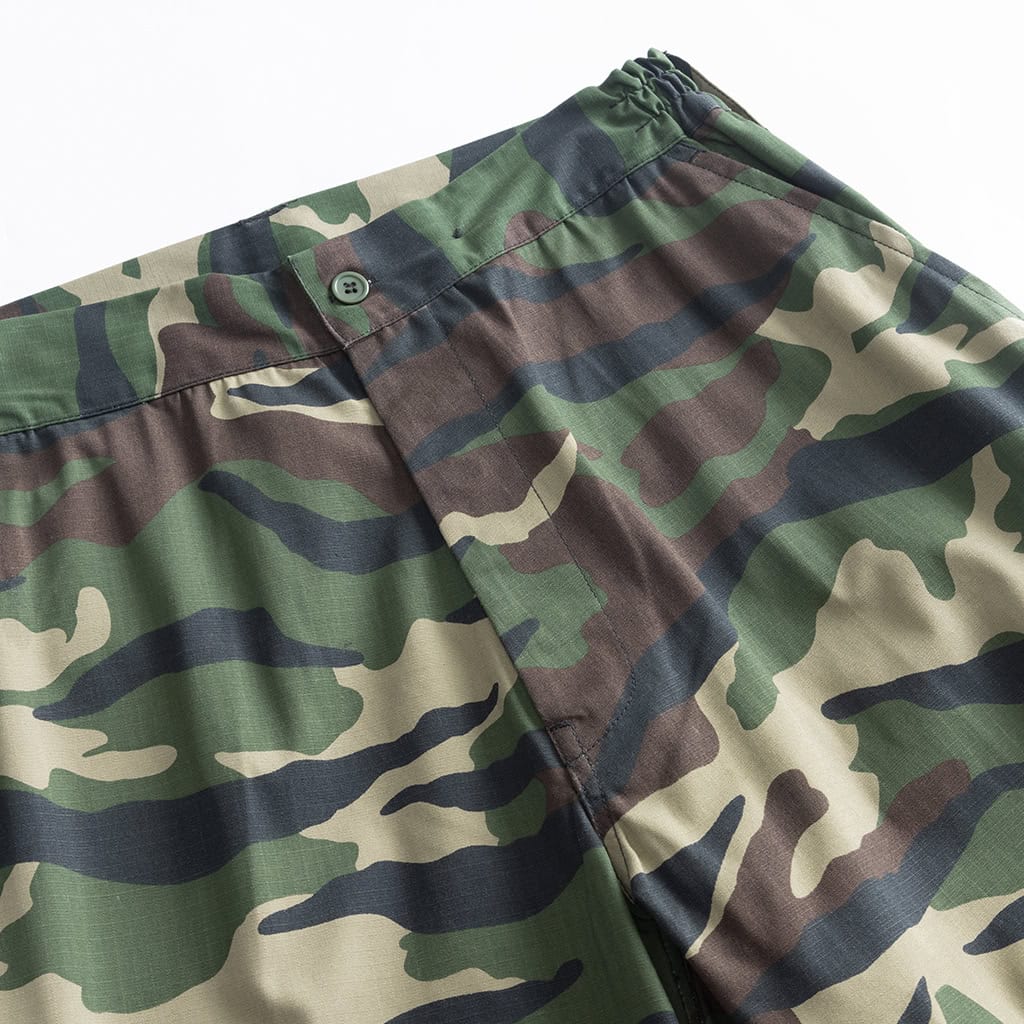 Close-up of the reinforced seat on the custom woodland camo combat uniform trousers.