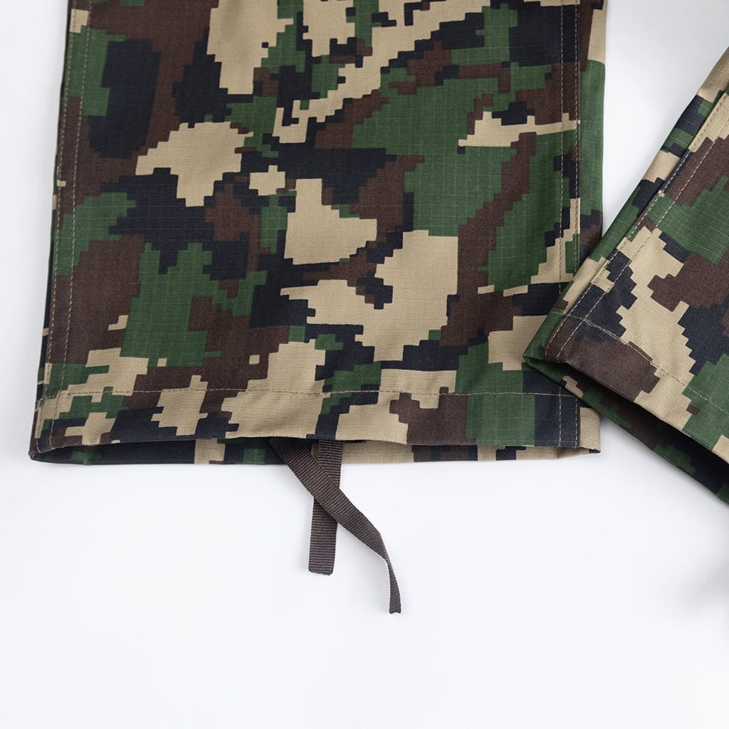 Close-up of the drawstring leg opening on the custom jungle digital combat uniform trousers.