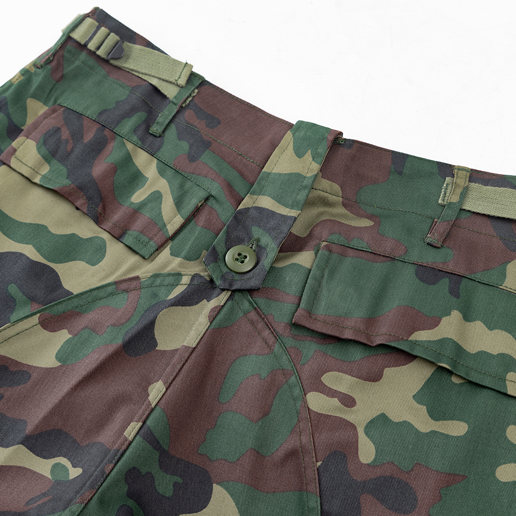 Close-up of the reinforced seat and pocket area of the custom jungle camo BDU uniform trousers.