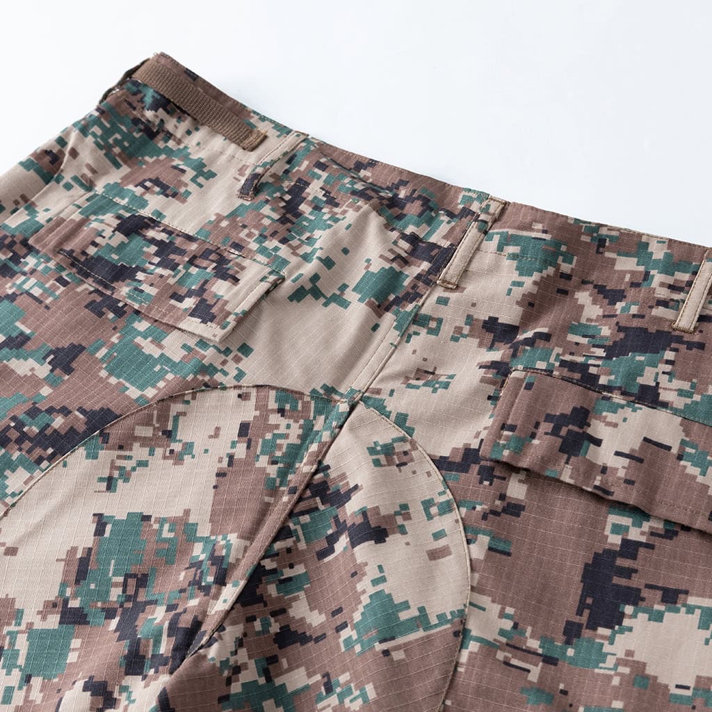 Close-up of the reinforced seat area on the custom Jordanian digital camo combat uniform trousers.