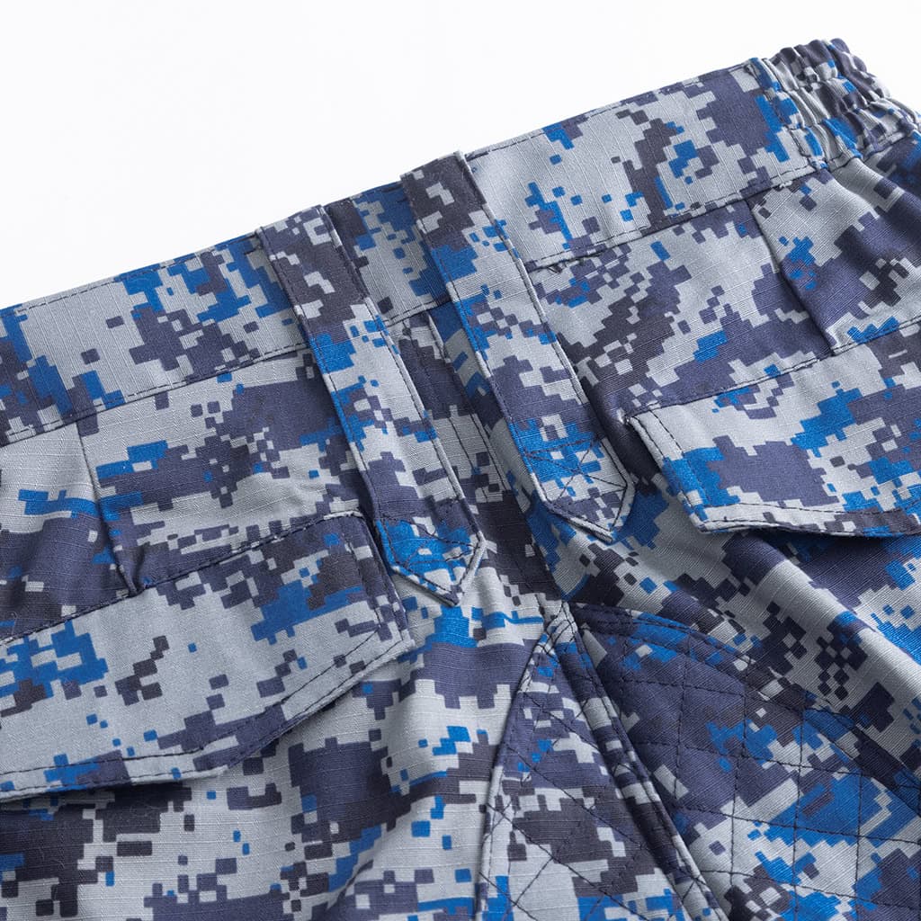 Close-up of the extra-wide belt loops on the custom Malaysian blue digital camo uniform trousers.