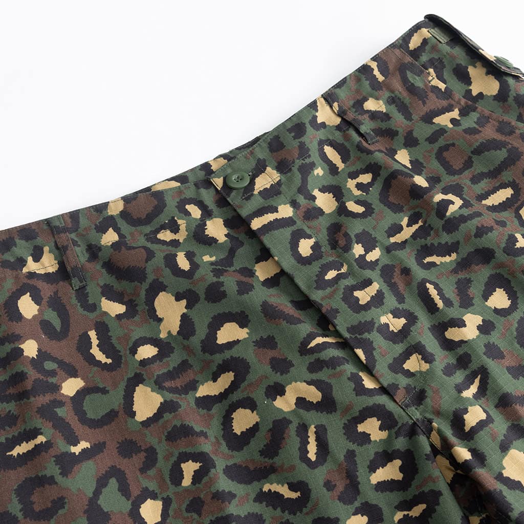 Detail of the reinforced seat area of the custom leopard camo military BDU uniform pants.