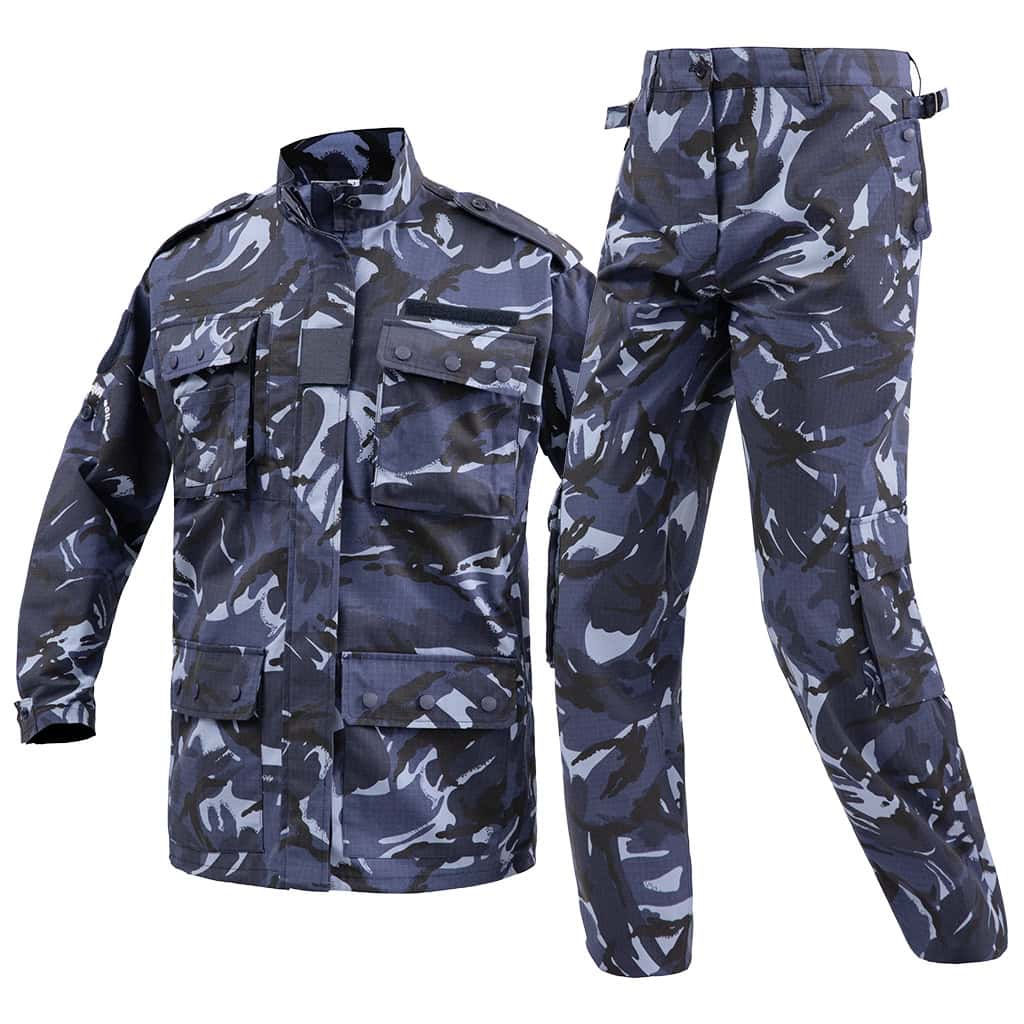 Angled profile view of the full custom blue camo combat uniform set for military and police.