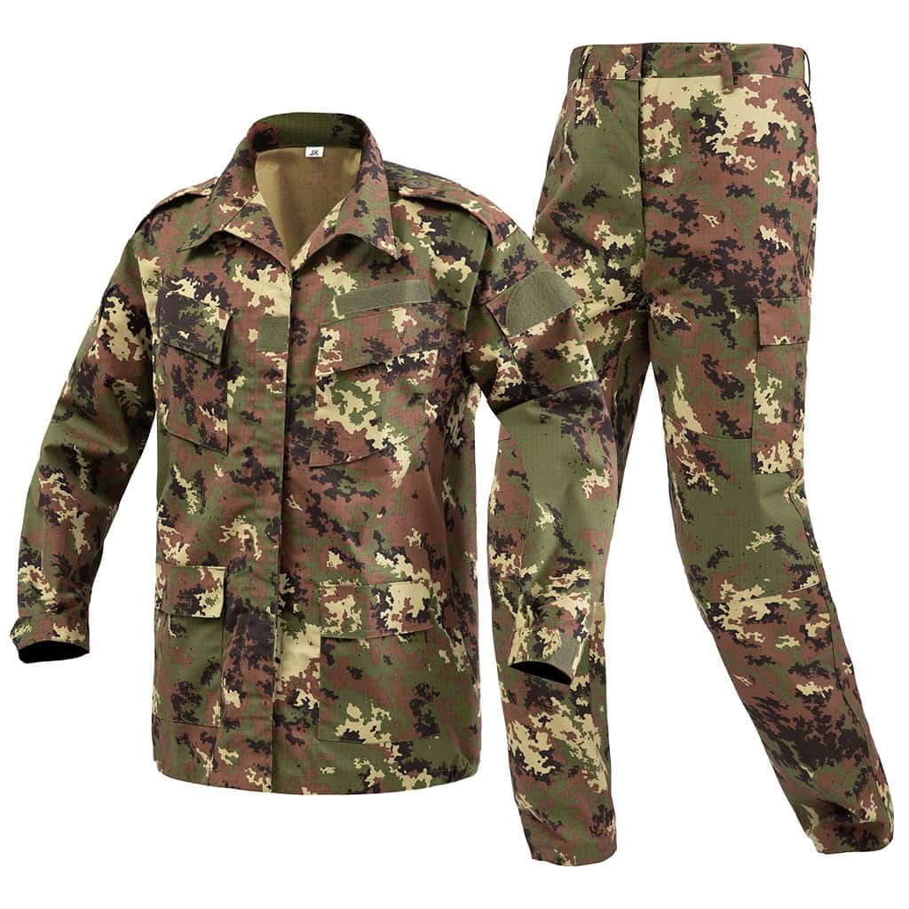 Angled profile view of the full custom Italian vegetato combat uniform set for military and security forces.