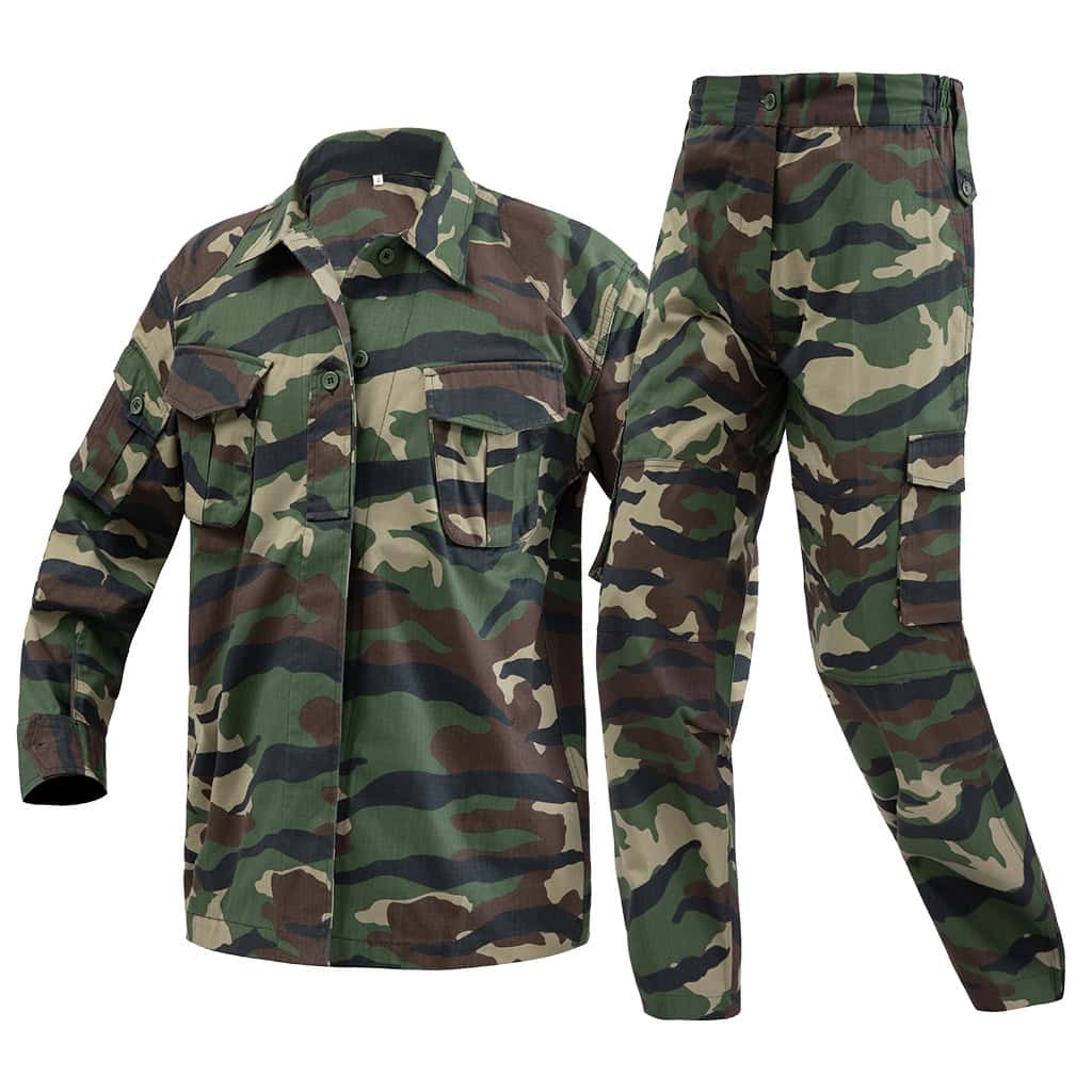 Angled profile view of the full custom woodland camo combat uniform set for military and tactical use.