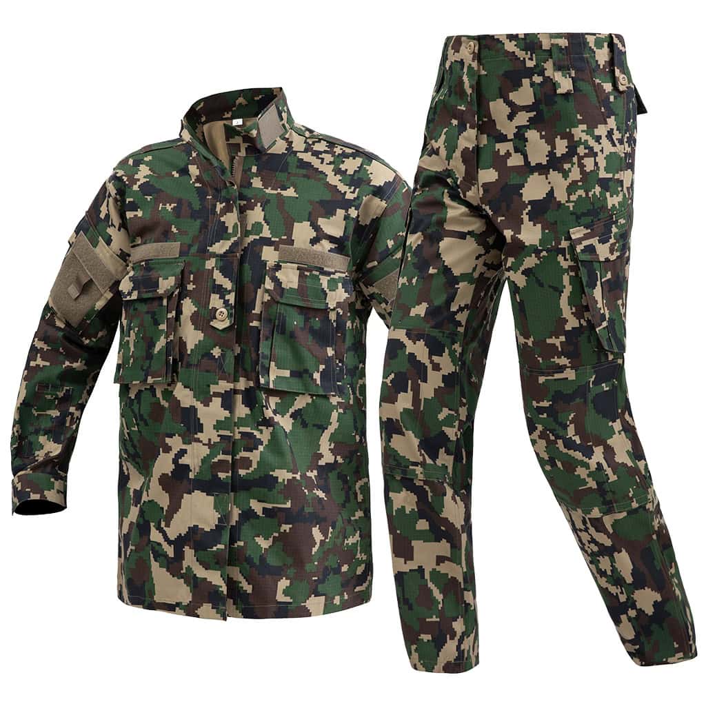 Angled profile view of the full custom jungle digital combat uniform set for military and security forces.