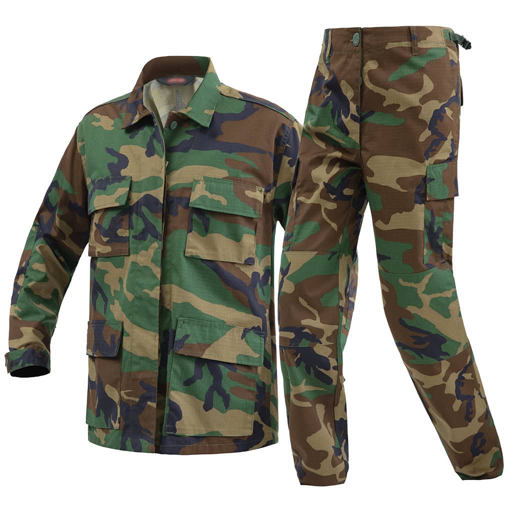 Angled profile view of the full custom woodland camo BDU uniform set for military and security contractors.