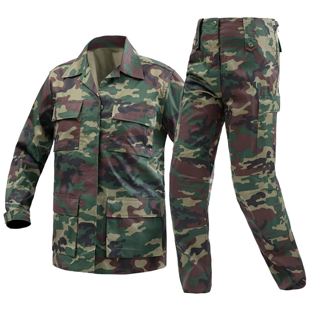 Angled view of the full custom jungle camo BDU uniform set for military and security contractors.