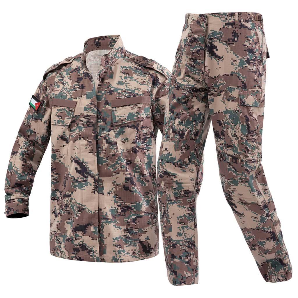 Angled profile view of the full custom Jordanian digital camo combat uniform set.