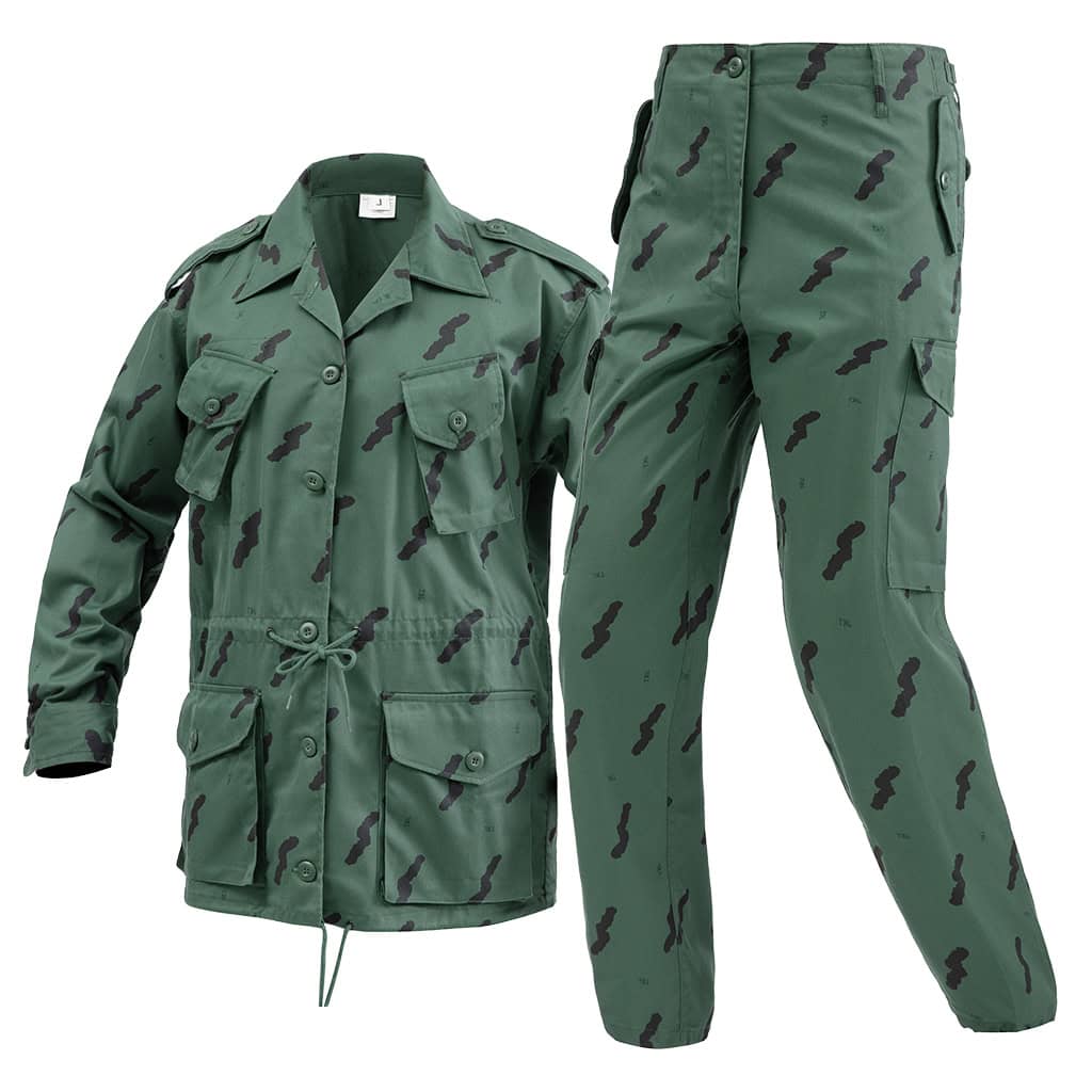 Angled profile view of the full custom Tanzanian green camo uniform set for security forces.