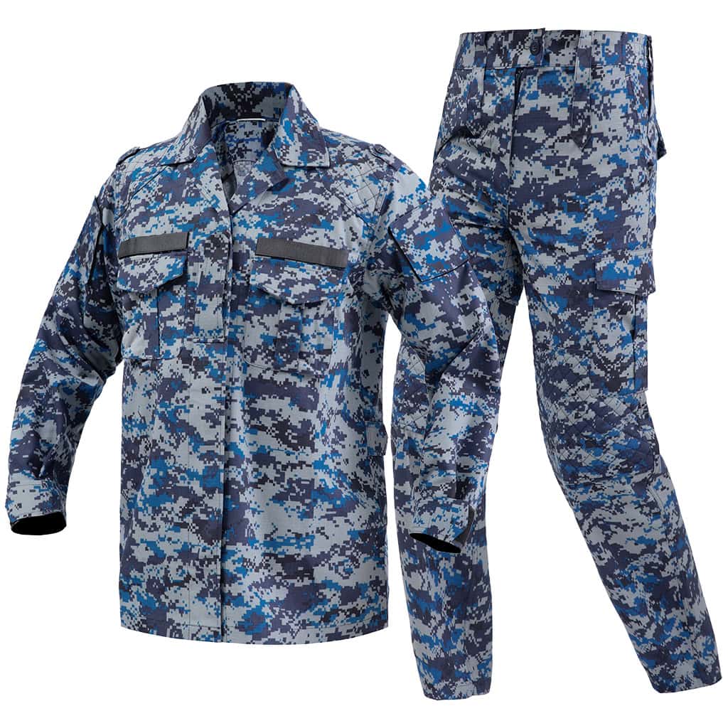 Angled profile view of the full custom Malaysian blue digital camo uniform set for air security forces.