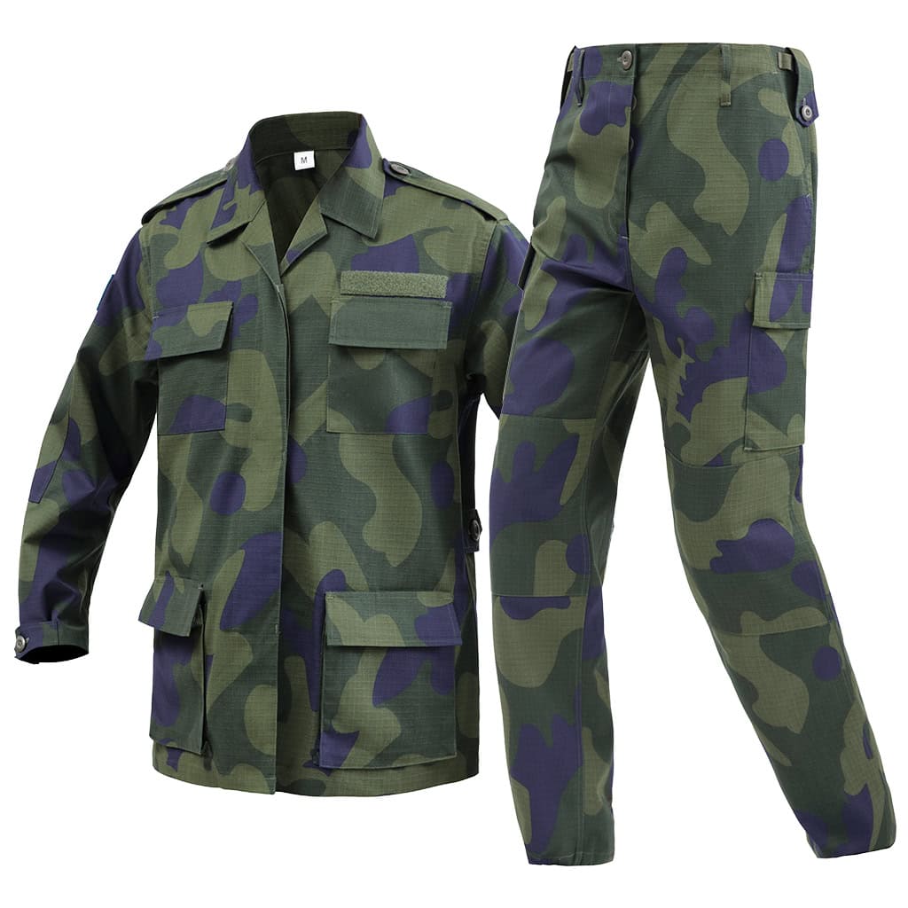 Angled profile view of the full custom DRC green camo uniform set for security and military forces.
