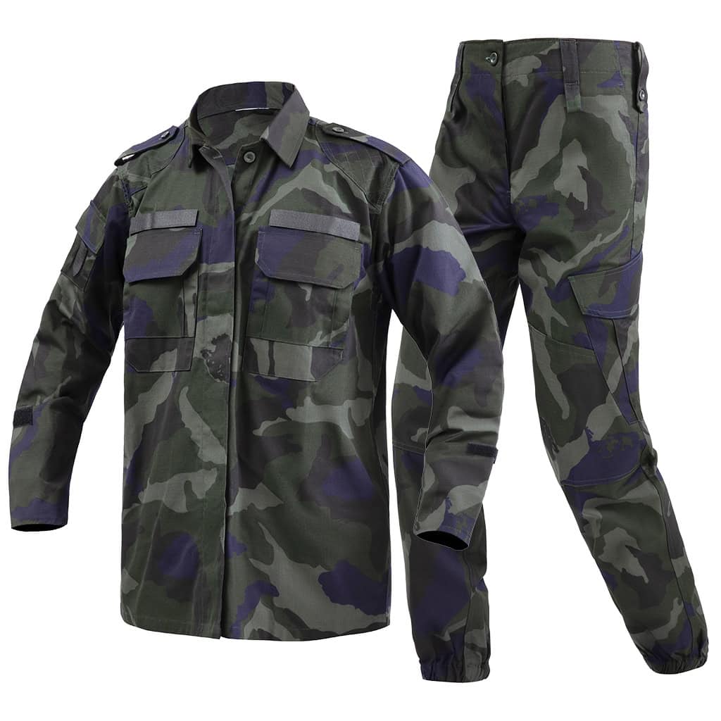 Angled profile view of the full custom Malaysian camo security uniform set for national security departments.