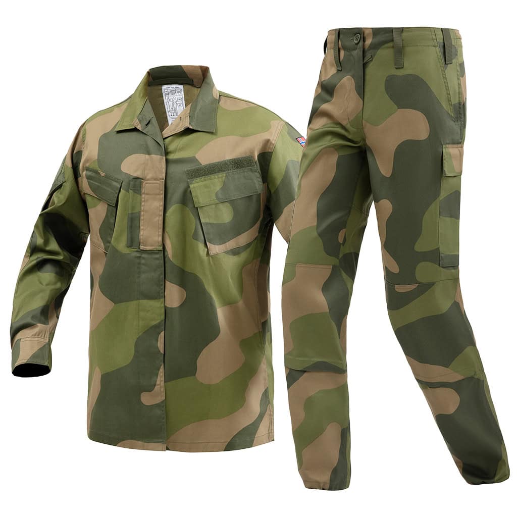 Angled profile view of the full custom Norwegian M09 camo uniform set for military and security forces.