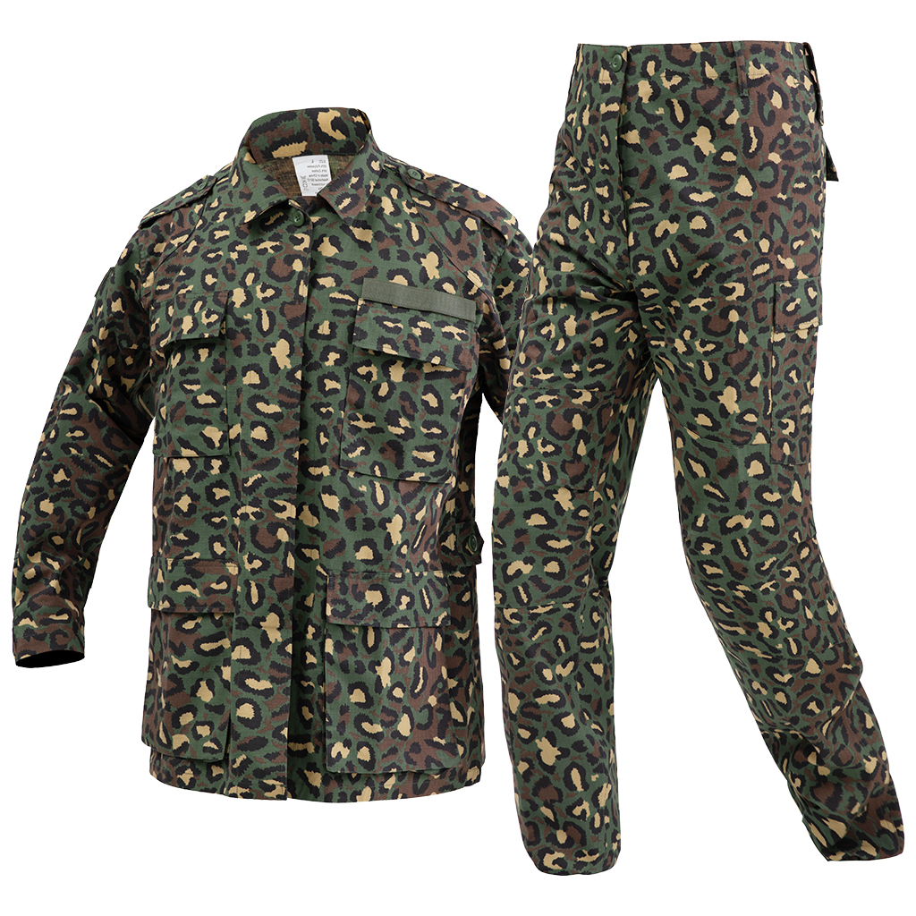 Angled view of the complete custom leopard camo military BDU uniform set, jacket and trousers.