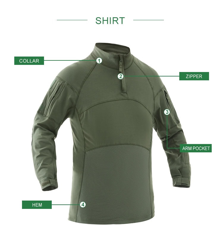 Infographic detailing the features of the custom olive green G4 long sleeve combat shirt: collar, elbow pad, arm pocket, and cuff.