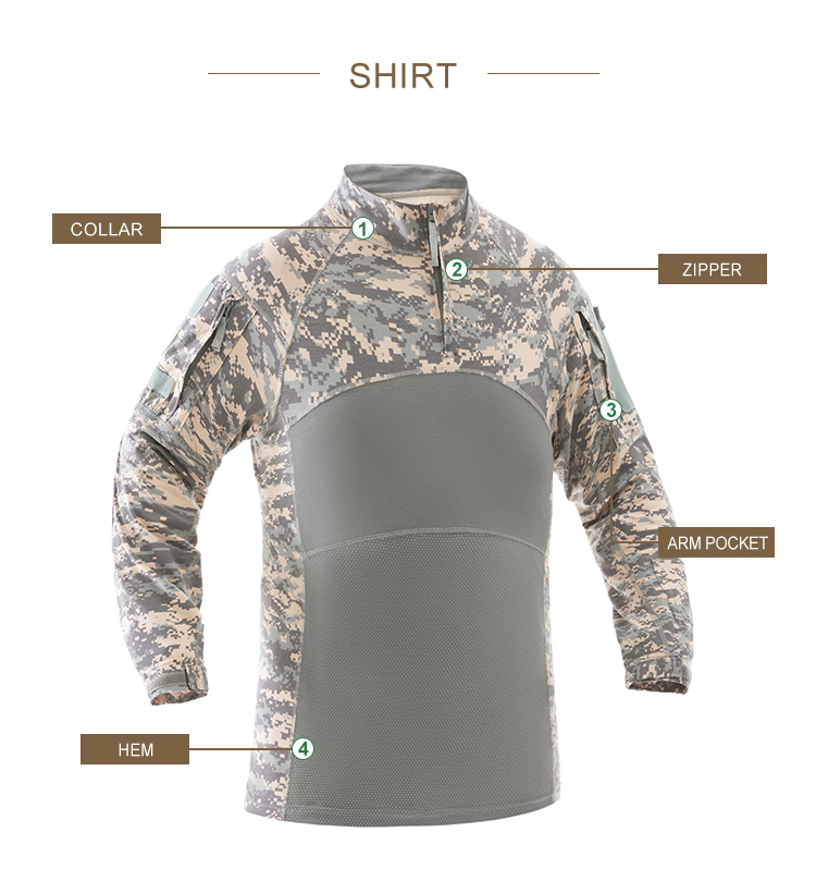 Infographic detailing the features of the custom ACU G4 long sleeve combat shirt: collar, elbow pad, arm pocket, and cuff.