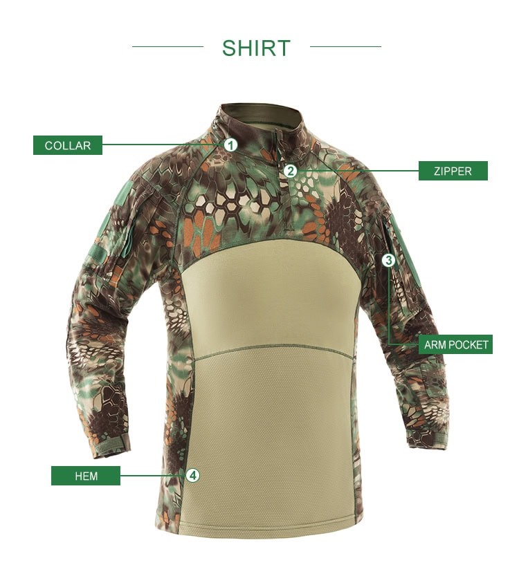 Infographic detailing the features of the custom woodland python G4 long sleeve combat shirt: collar, elbow pad, arm pocket, and cuff.