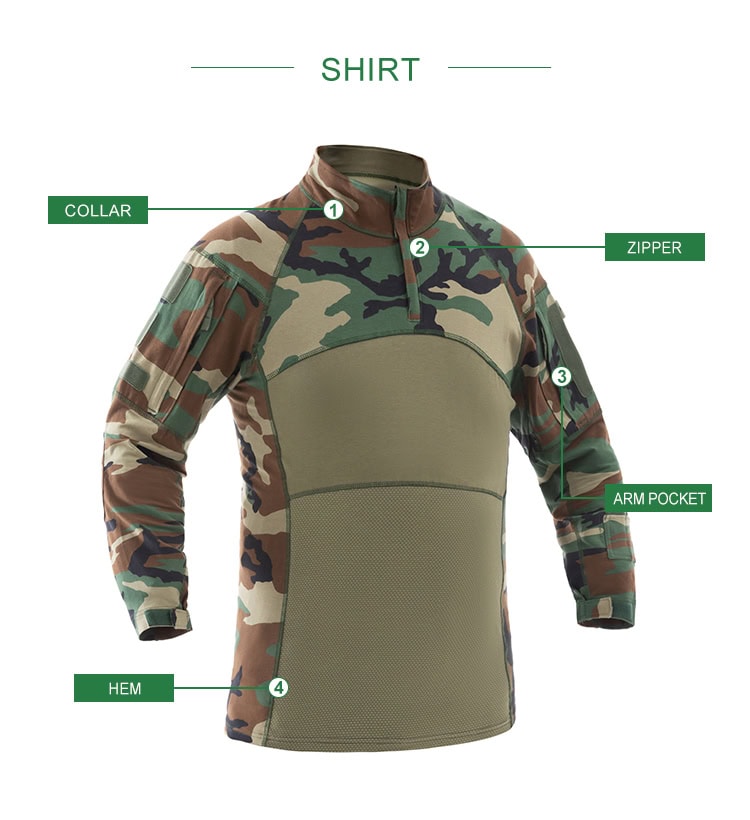 Infographic detailing the features of the custom woodland camo G4 long sleeve combat shirt: collar, elbow pad, arm pocket, and cuff.