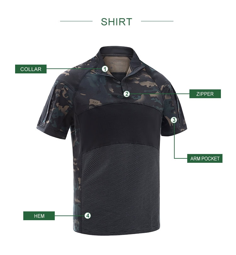 Infographic detailing the features of the custom black CP G4 short sleeve combat shirt: collar, zipper, arm pocket, and hem.