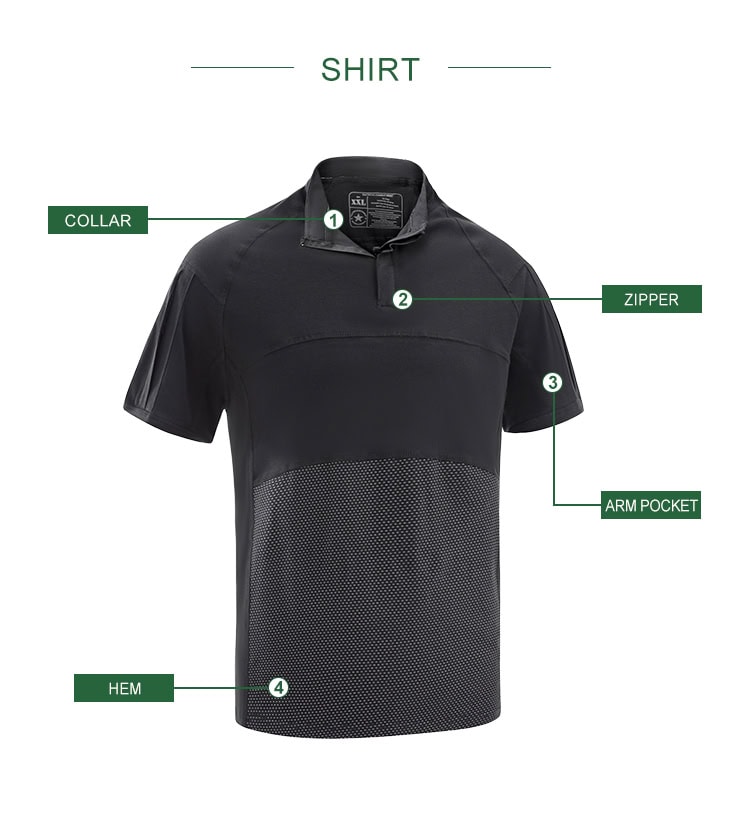 Infographic detailing the features of the custom black G4 short sleeve combat shirt: collar, zipper, arm pocket, and hem.
