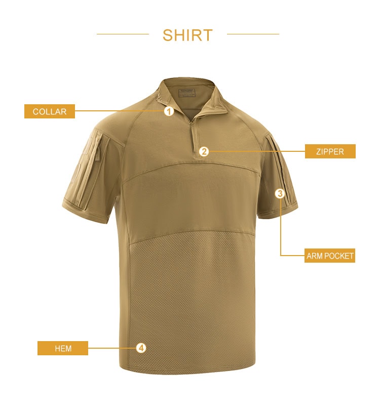 Infographic detailing the features of the custom tan G4 short sleeve combat shirt: collar, zipper, arm pocket, and hem.