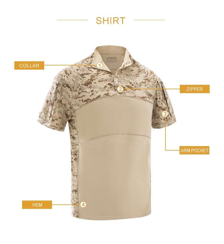 Infographic detailing the features of the custom digital desert G4 short sleeve combat shirt: collar, zipper, arm pocket, and hem.